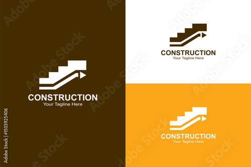 Minimalist Construction Logo with Staircase & Growth Arrow - Editable EPS Vector