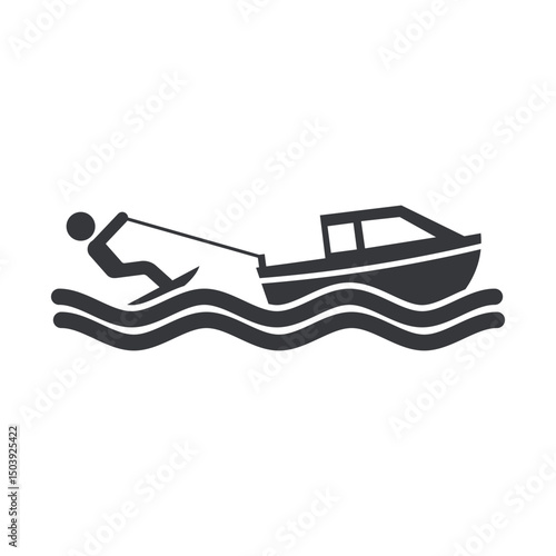 Isolated pictogram icon of wakeboarding and waterskiing, showing surfing activity pulled by high-speed boat on water surface