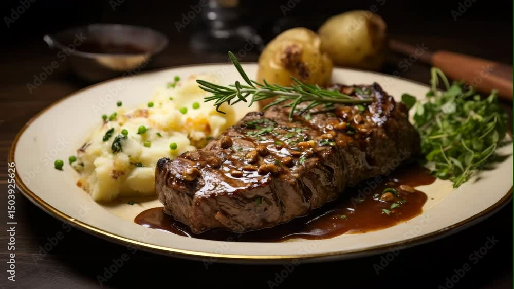 lamb steak with sauce in dish on background lamb steak with sauce in dish on background