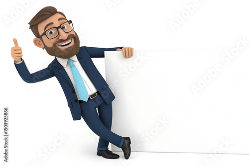 3D Cartoon Businessman with Thumbs Up and Blank Sign
