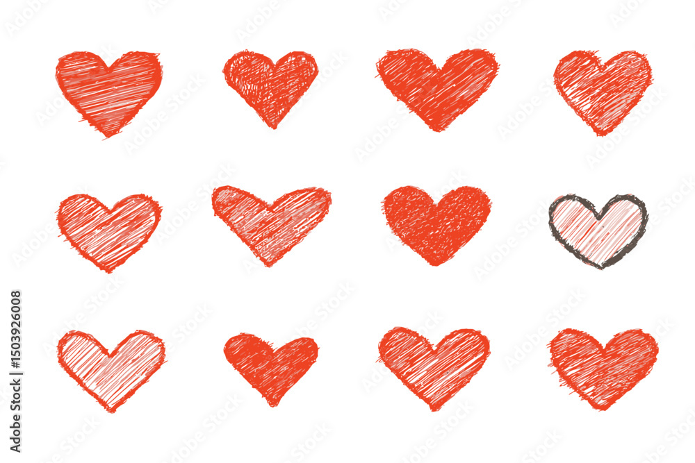 Red crayon heart collection with textured effect, hand drawn sketchy romantic shapes, varied strokes and fill patterns, scribbled love symbols for Valentine�s Day designs vector Red crayon heart collection with textured effect, hand drawn sketchy romantic shapes, varied strokes and fill patterns, scribbled love symbols for Valentine�s Day designs vector