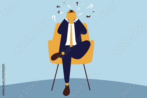 Frustrated businessman sitting alone on chair holding his head, symbolizing regret on business mistakes, stress, anxiety, failure, depression, and financial loss concept vector