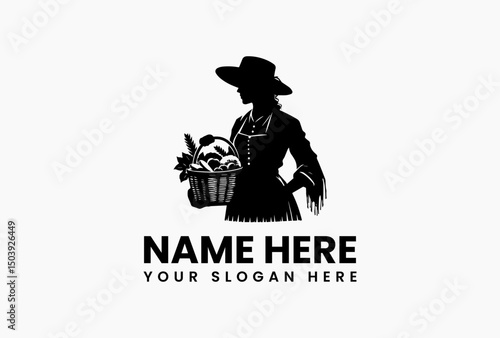 Vector logo silhouette of a happy female farmer holding a generous bundle of harvested wheat. Agriculture concept