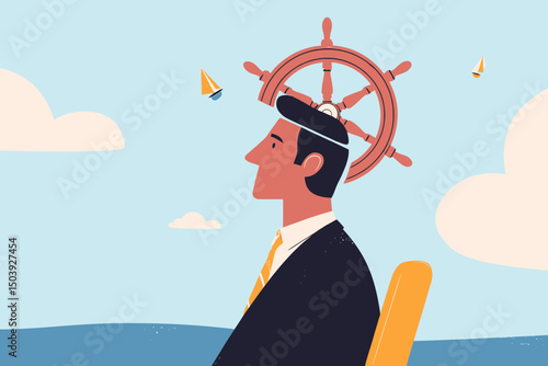 Businessman Leader with Steering Wheel on Head Representing Self-Control, Leadership, Business Decision, Motivation, and Mindset Concept Vector