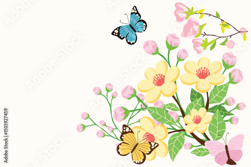 Beautiful spring theme background of fresh flowers and colorful butterflies design illustration