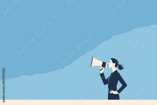 Confident businesswoman leader speaking out loud on megaphone, symbolizing communication, presentation skills, storytelling, speaking up, and truth telling concept vector