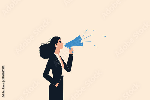 Confident businesswoman leader speaking out loud on megaphone, symbolizing communication, presentation skills, storytelling, speaking up, and truth telling concept vector