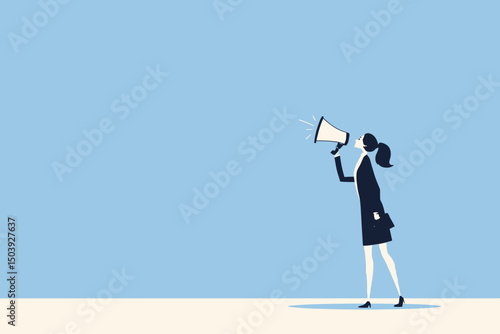 Confident businesswoman leader speaking out loud on megaphone, symbolizing communication, presentation skills, storytelling, speaking up, and truth telling concept vector