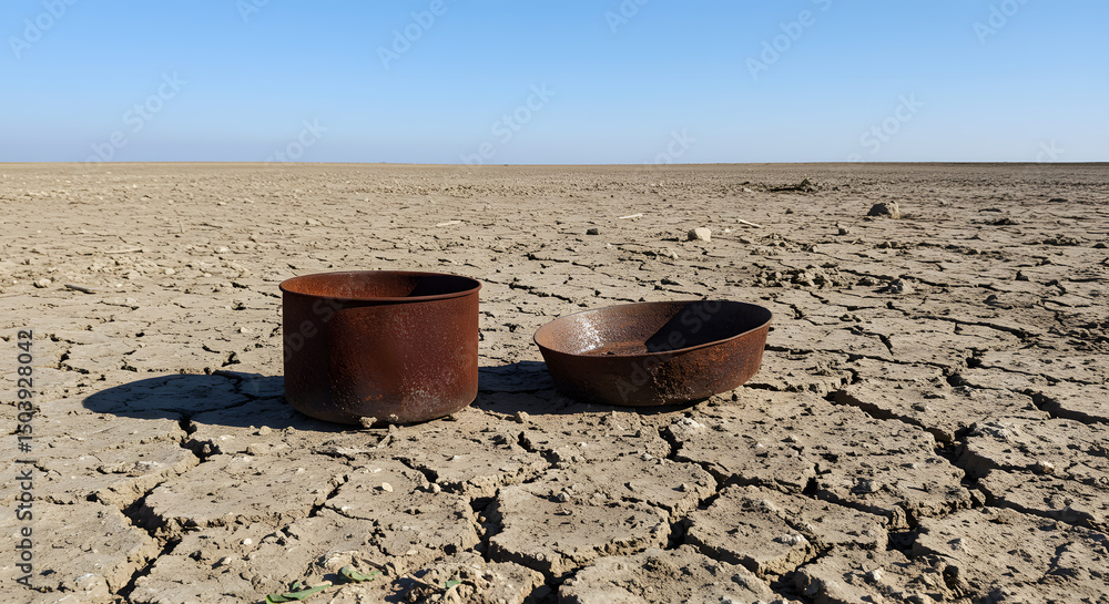 Naklejka premium usty Tin and Pan Abandoned on Parched Land