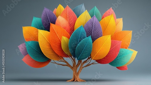 Corporate culture icon concept depicting tree with diverse leaves representing workplace diversity and team dynamics