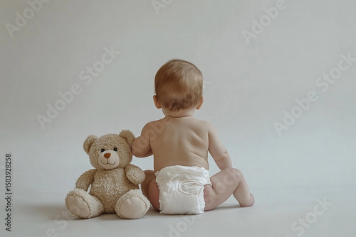 Adorable baby in diaper with teddy bear, back view, resting on a white floor