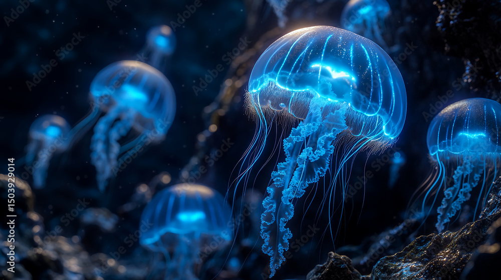 A school of bioluminescent jellyfish drifting in deep ocean waters glowing in the background A school of bioluminescent jellyfish drifting in deep ocean waters glowing in the background