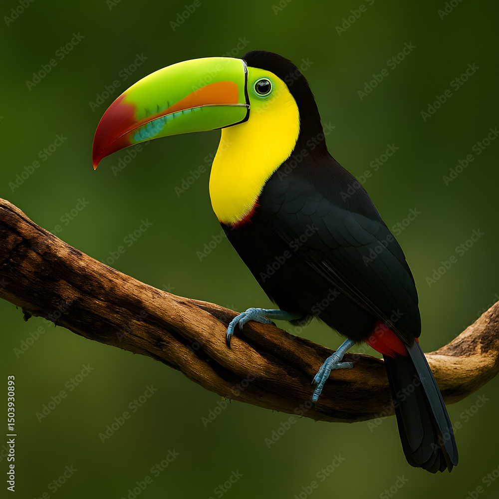 Fototapeta premium Colorful keel-billed toucan perched on tree branch with vibrant green background, exotic tropical bird with large rainbow beak in wildlife nature photography for animal lovers