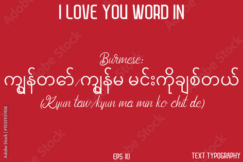 Burmese: ကျွန်တော်/ကျွန်မ မင်းကိုချစ်တယ် (Kyun taw/kyun ma min ko chit de)  -  I Love You Word Typography Cursive Text