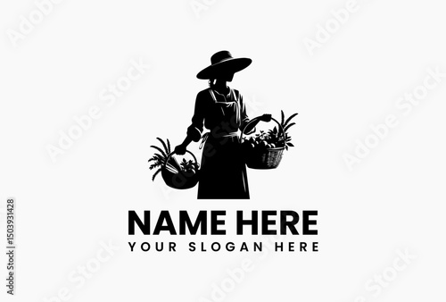 Vector logo silhouette of a happy female farmer holding a generous bundle of harvested wheat. Agriculture concept