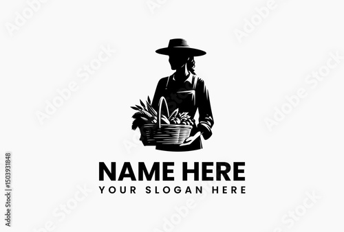 Vector logo silhouette of a happy female farmer holding a generous bundle of harvested wheat. Agriculture concept