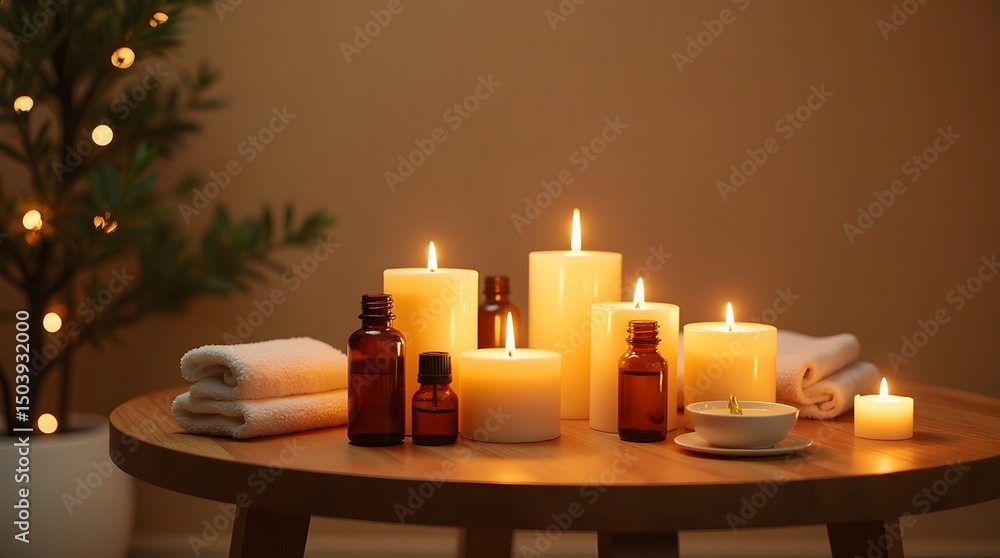 Spa settings with candles, essential oils, and soft lighting Spa settings with candles, essential oils, and soft lighting