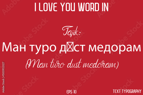 Tajik: Ман туро дӯст медорам (Man turo dust medoram)   -  I Love You Word Typography Cursive Text