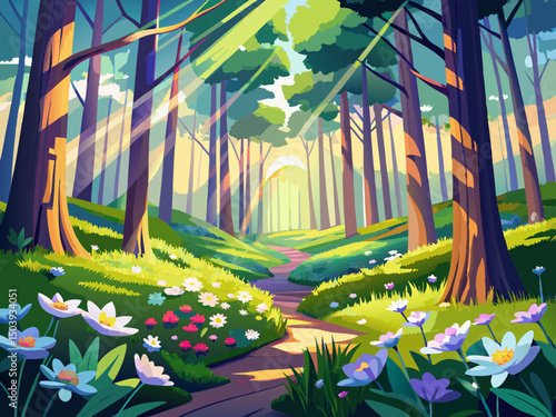 vector of A beautiful forest in spring with bright sun shining through the trees and full of anemones