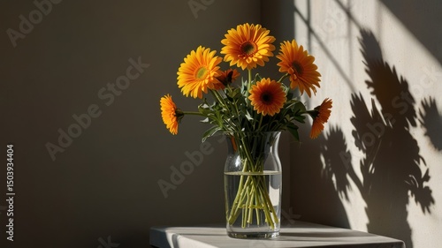 Wallpaper Mural A bouquet of bright yellow gerbera daisies in a clear glass vase, bathed in sunlight, casts shadows on a neutral-toned wall Torontodigital.ca