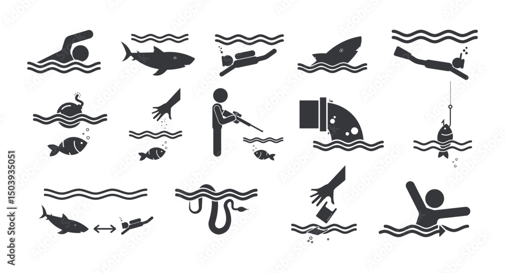 Fototapeta premium Bundle pictograms of water, sea, and river safety icons including swim, fishing, polluted water, diving, sharks, snakes, currents.