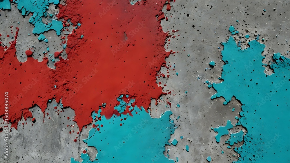 Fototapeta premium A bold red-to-cyan gradient cast over a rough, gritty concrete texture
