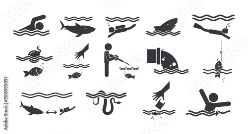 Bundle pictograms of water, sea, and river safety icons including swim, fishing, polluted water, diving, sharks, snakes, currents.