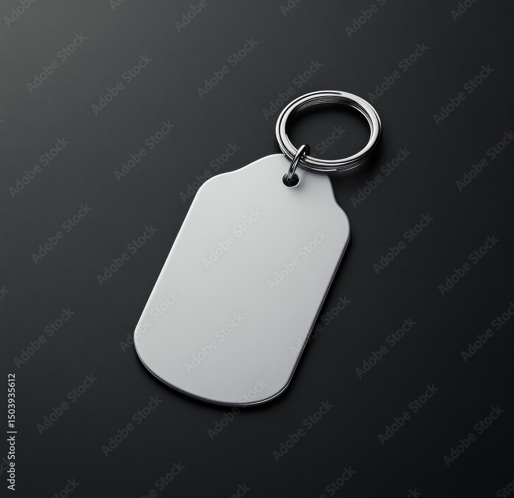 Fototapeta premium A blank, silver, dog tag-shaped keychain with a metallic ring, rests on a dark surface