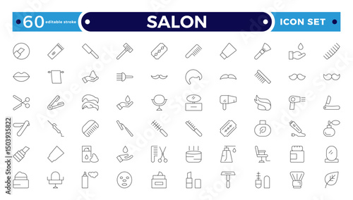 Barber shop and salon outline icons set. Containing styling tools, scissors, comb, clipper, and more. Modern outline icons collection. Editable stroke outline icon.
