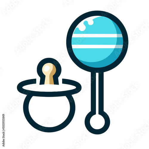 Colorful vector icon of a baby pacifier and rattle on transparent background for infant care and parenting concept