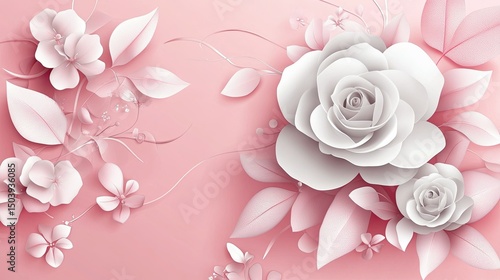 Pink floral pattern with white flowers and leaves on a pink background