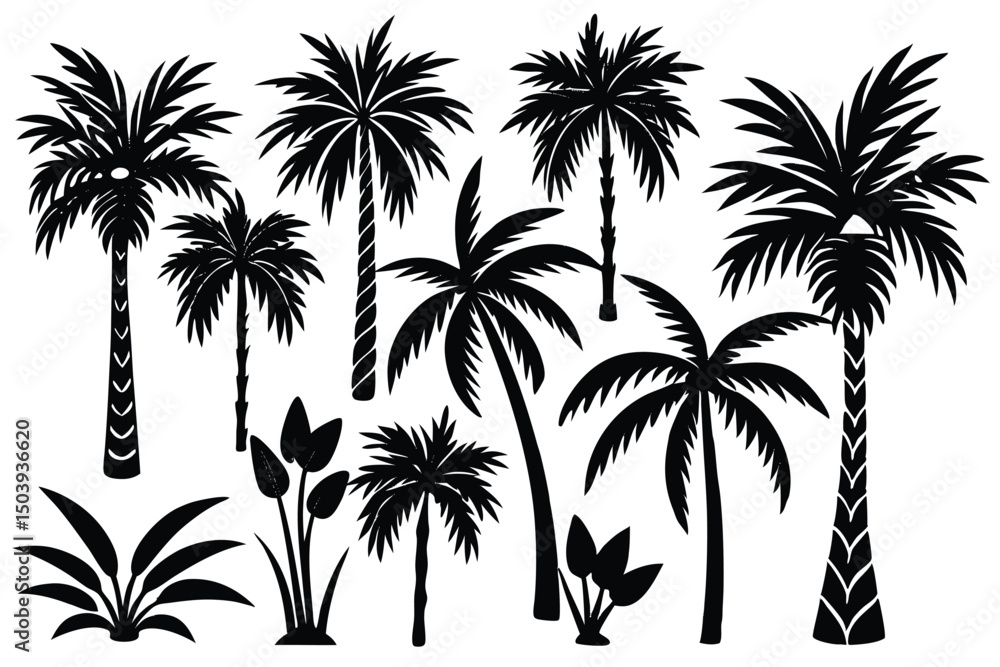 Fototapeta premium Black and white silhouette of palm trees and tropical plants set