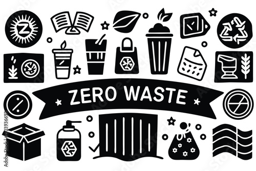 Black and white zero waste concept illustration with reusable items and recycle symbols