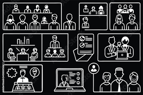 Business meeting doodle vector illustration collaboration teamwork conference online presentation