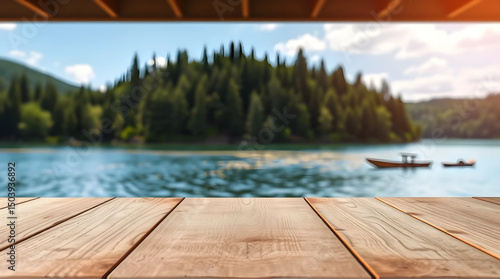 The empty wooden table top with blur background of summer lakes green forest