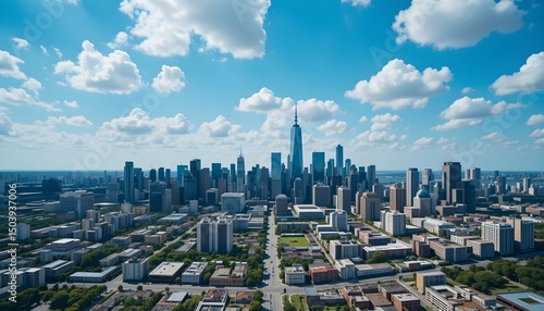 Aerial View of a Modern Metropolitan City Skyline with Skyscrapers and Urban Grid Under a Bright Blue Sky with Scattered Clouds

