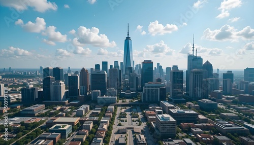 Aerial View of a Modern Metropolitan City Skyline with Skyscrapers and Urban Grid Under a Bright Blue Sky with Scattered Clouds

