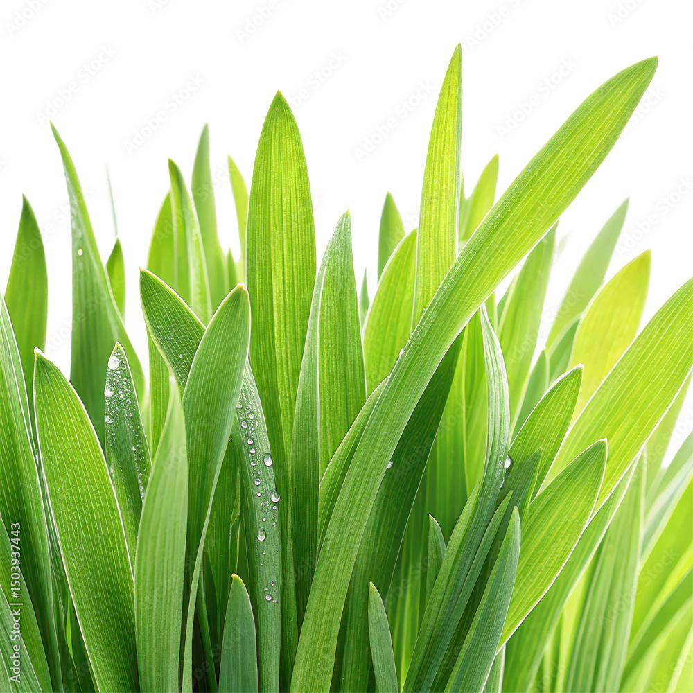 Fototapeta premium Fresh green grass blades with water droplets close up spring growth background illustration on transparent background