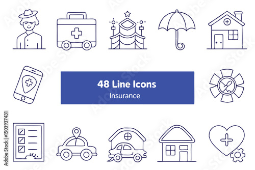 Collection of insurance line icons depicting various protection and safety concepts