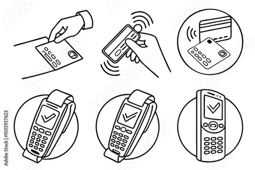Contactless payment methods black and white outline icons set vector illustration