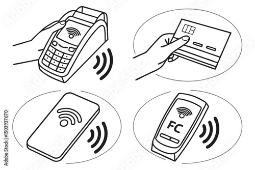 Contactless payment methods illustration representing pos terminal nfc smartphone and credit card