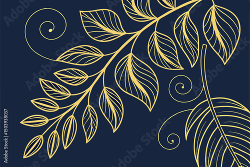 Elegant gold leaves and swirls on dark blue background vector illustration