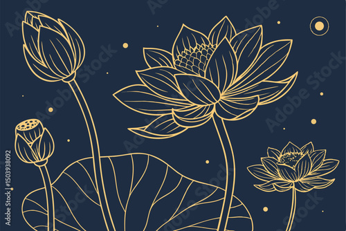 Elegant golden lotus flowers outlines on dark blue background minimalist botanical illustration