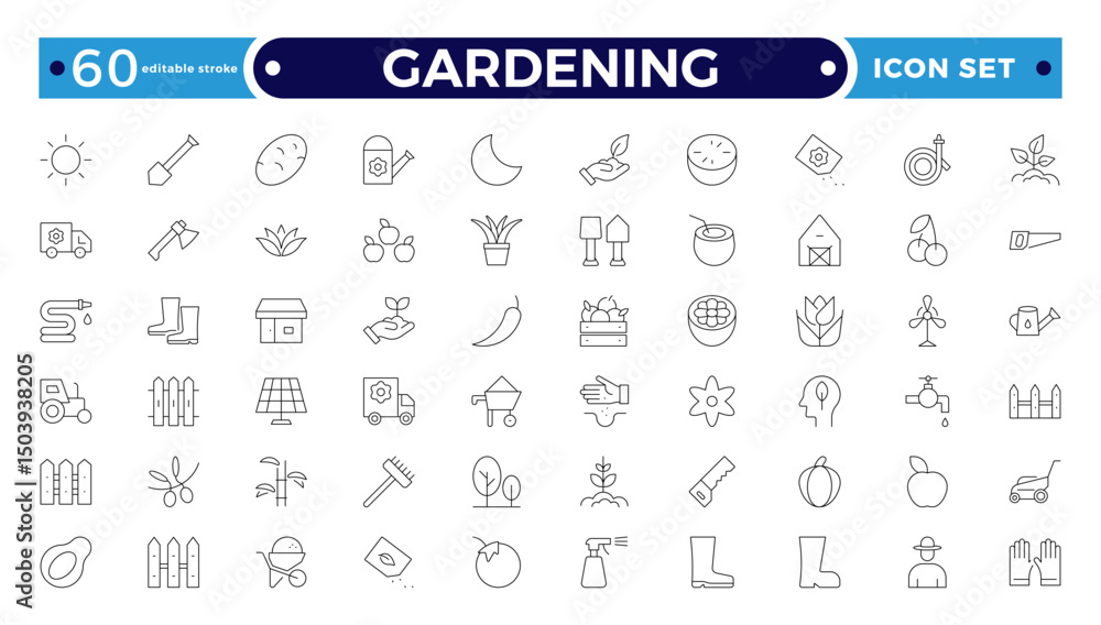 Gardening outline icon set. Containing plant, gardener, sprout, leaf, planting, seedling, shovel, watering can, rake, cultivation and more. Editable stroke outline icon.
Gardening outline icon set. Containing plant, gardener, sprout, leaf, planting, seedling, shovel, watering can, rake, cultivation and more. Editable stroke outline icon.
