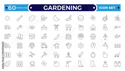 Gardening outline icon set. Containing plant, gardener, sprout, leaf, planting, seedling, shovel, watering can, rake, cultivation and more. Editable stroke outline icon.
