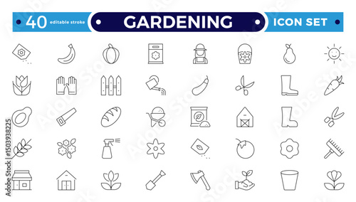 Gardening outline icon set. Containing plant, gardener, sprout, leaf, planting, seedling, shovel, watering can, rake, cultivation and more. Editable stroke outline icon.
