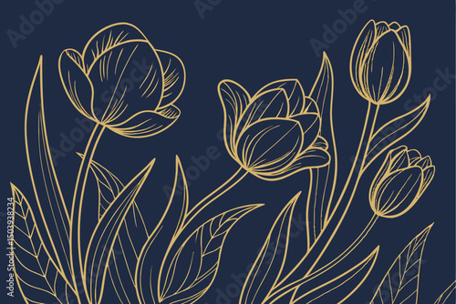 Elegant tulips on dark background golden outline floral design template