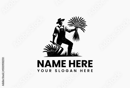 Black farmer outline carefully gathering corn stalks in sunlit field vector logo. Farm heritage symbol  