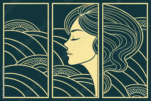 Elegant woman profile artwork with art deco waves and lines design