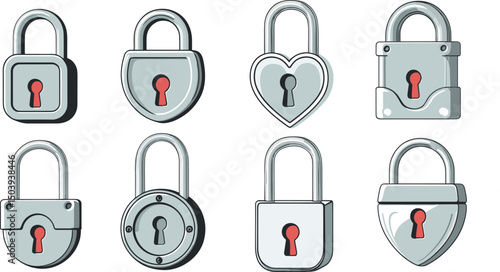A set of silver locks of different shapes in a flat style Vector image